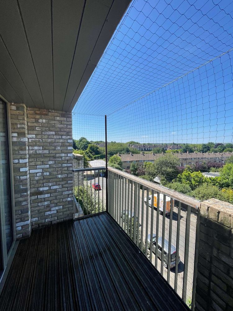 Clear bird netting fitted across a high-rise balcony