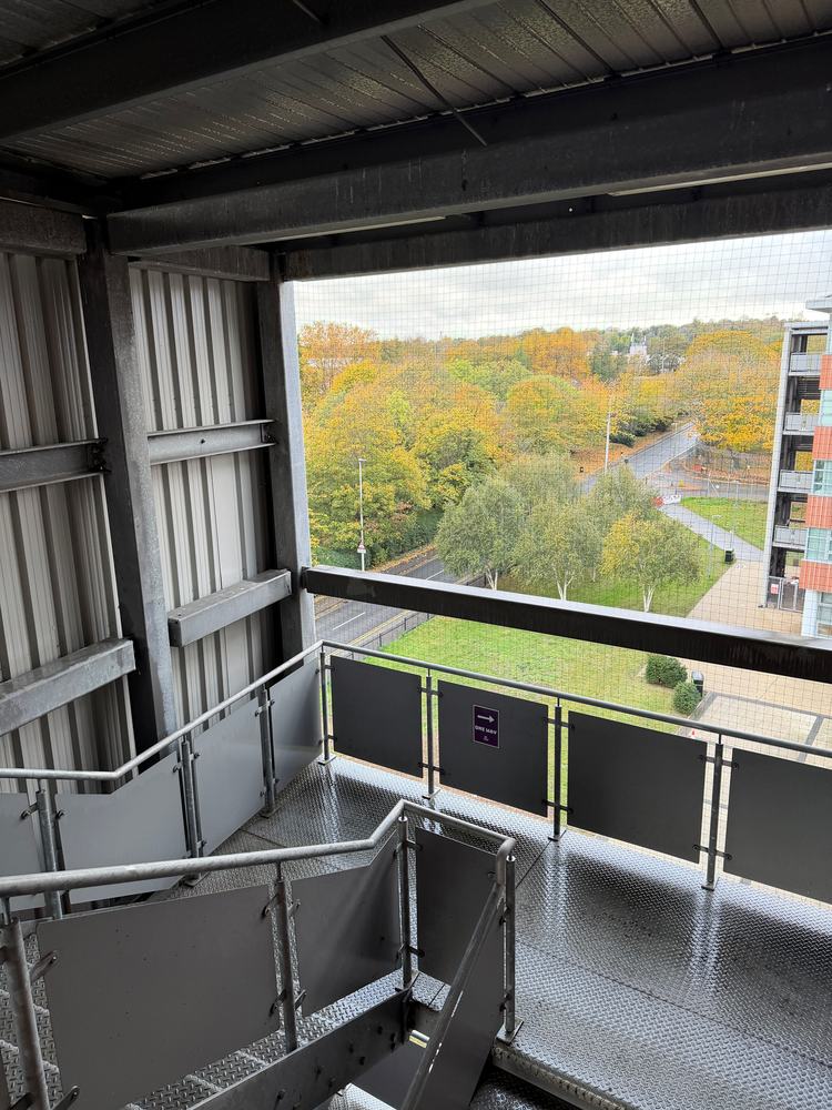 Fire escape landing proofed with bird netting across the opening